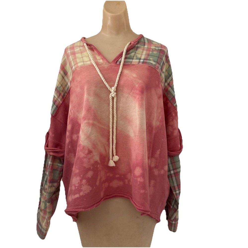 Oli & Hali Mineral Wash Plaid Mixed Pattern Long Slv Sweatshirt Top Small oversi